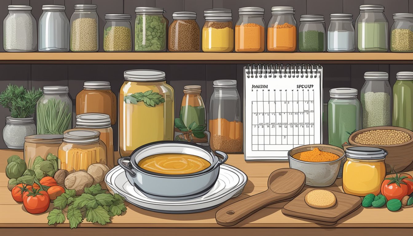 A pot of soup base sits on a kitchen shelf, surrounded by various canned goods and spices, with a calendar showing the date