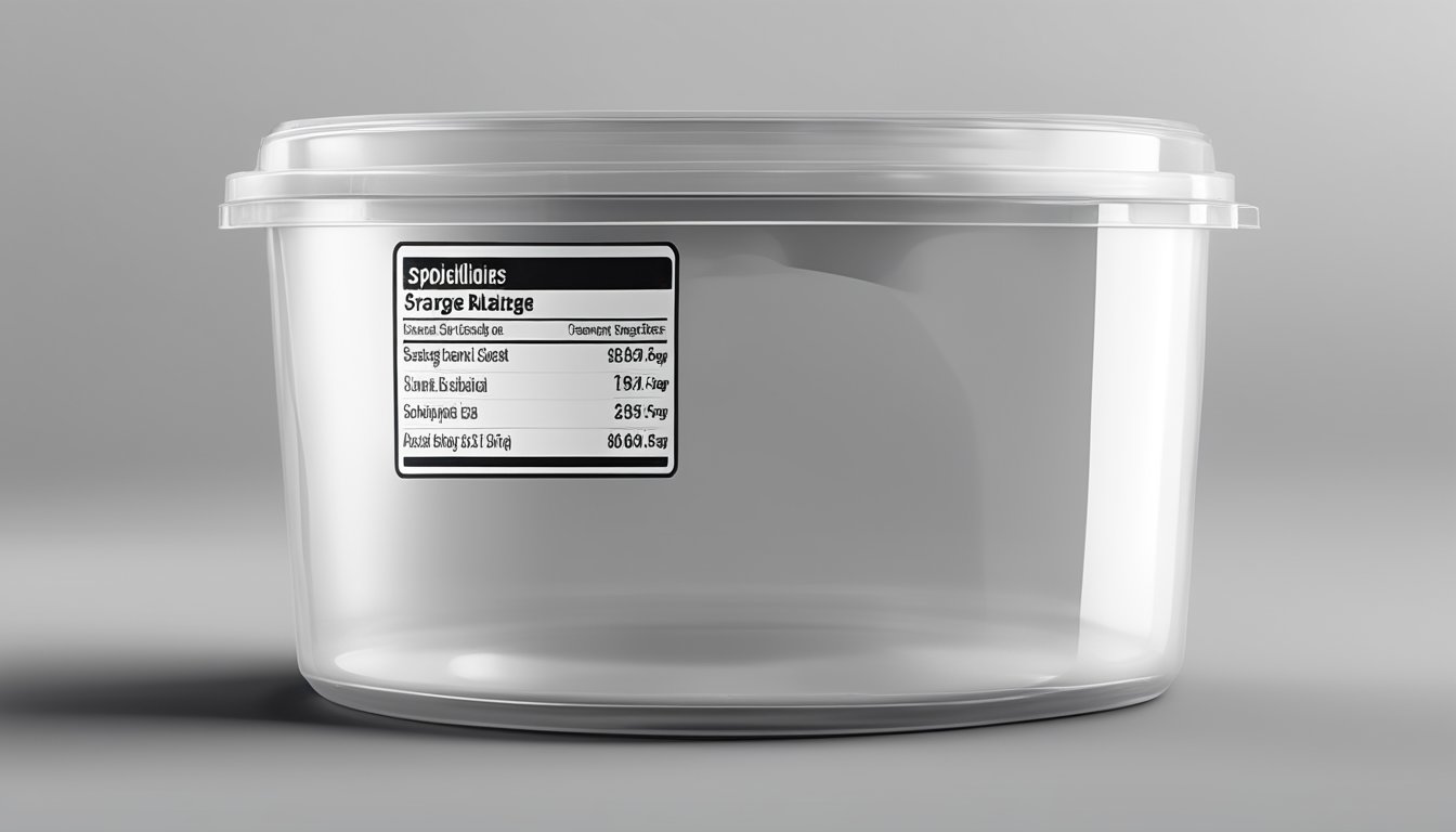 A clear expiration date on a soup base container, with a label indicating storage guidelines and a visual indication of spoilage