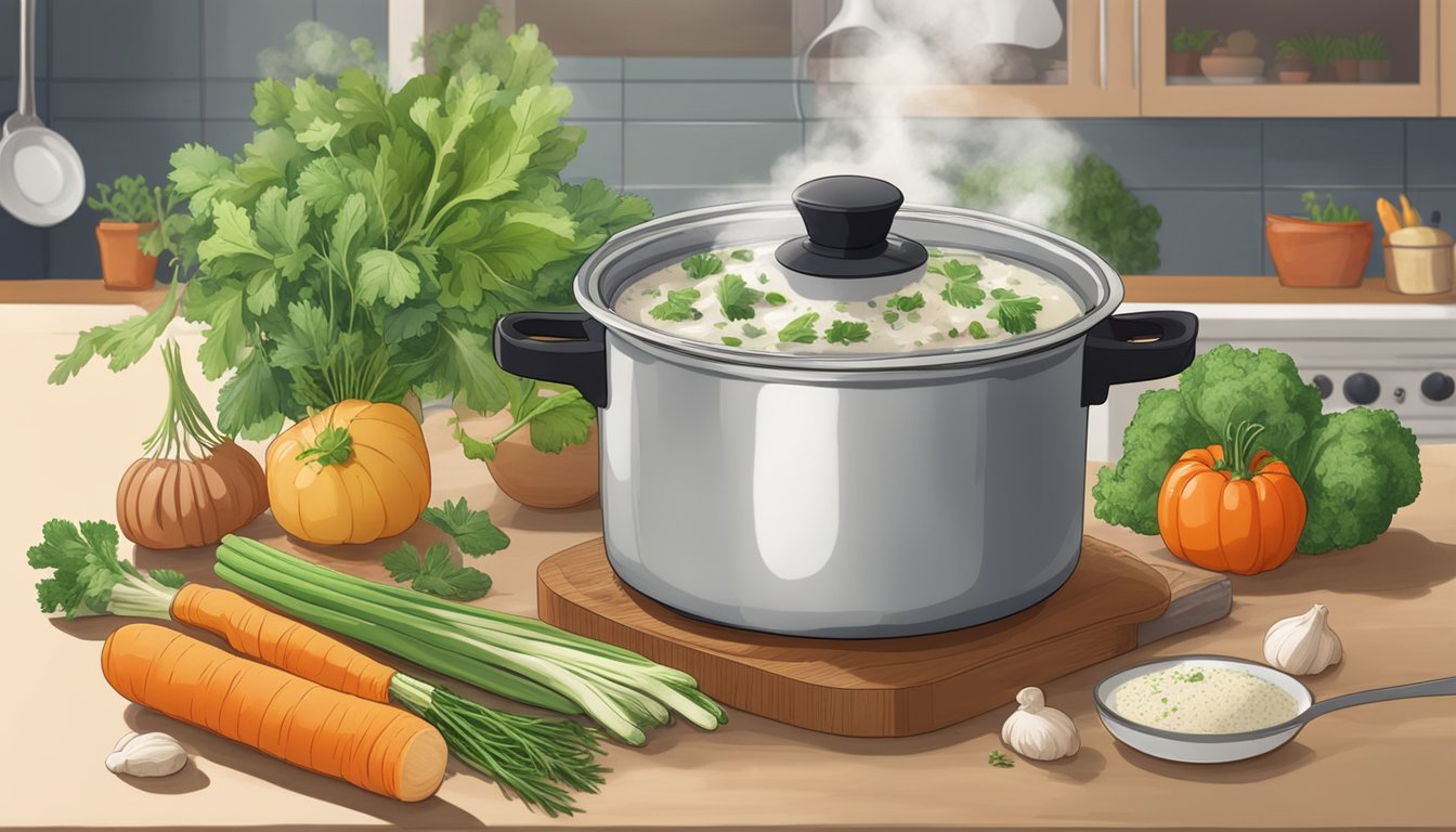 A pot of soup base sits on a kitchen counter, surrounded by fresh vegetables and herbs. A steam rises from the pot, indicating its recent preparation