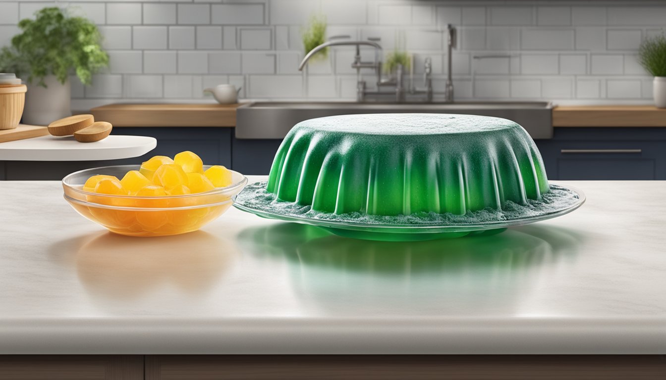 A moldy jello mold sitting on a neglected kitchen counter