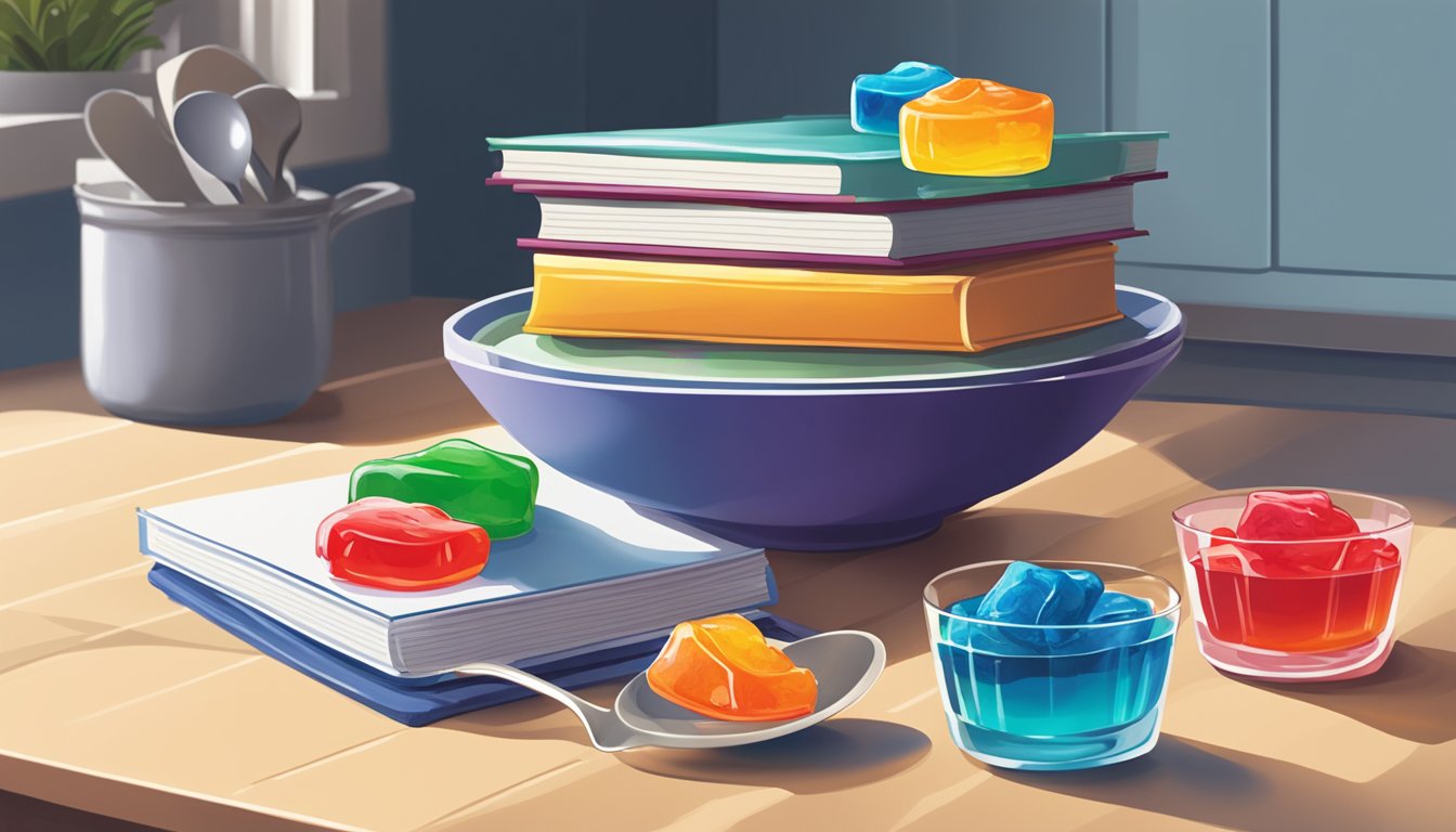 A colorful bowl of jello sits on a kitchen counter next to a stack of cookbooks. A spoon is poised to take a scoop