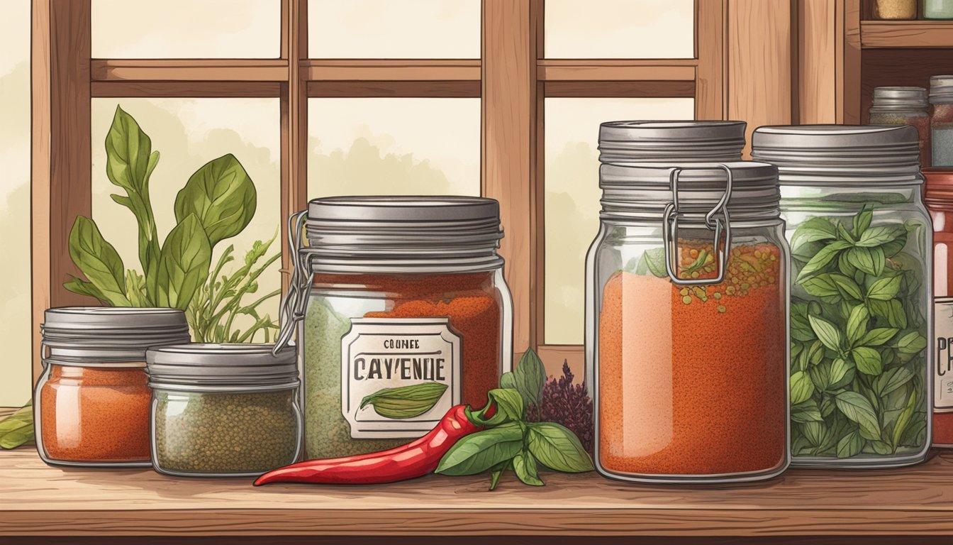 A jar of cayenne pepper sits on a kitchen shelf, surrounded by various spices and herbs. The label is faded, but the vibrant red powder inside still looks fresh