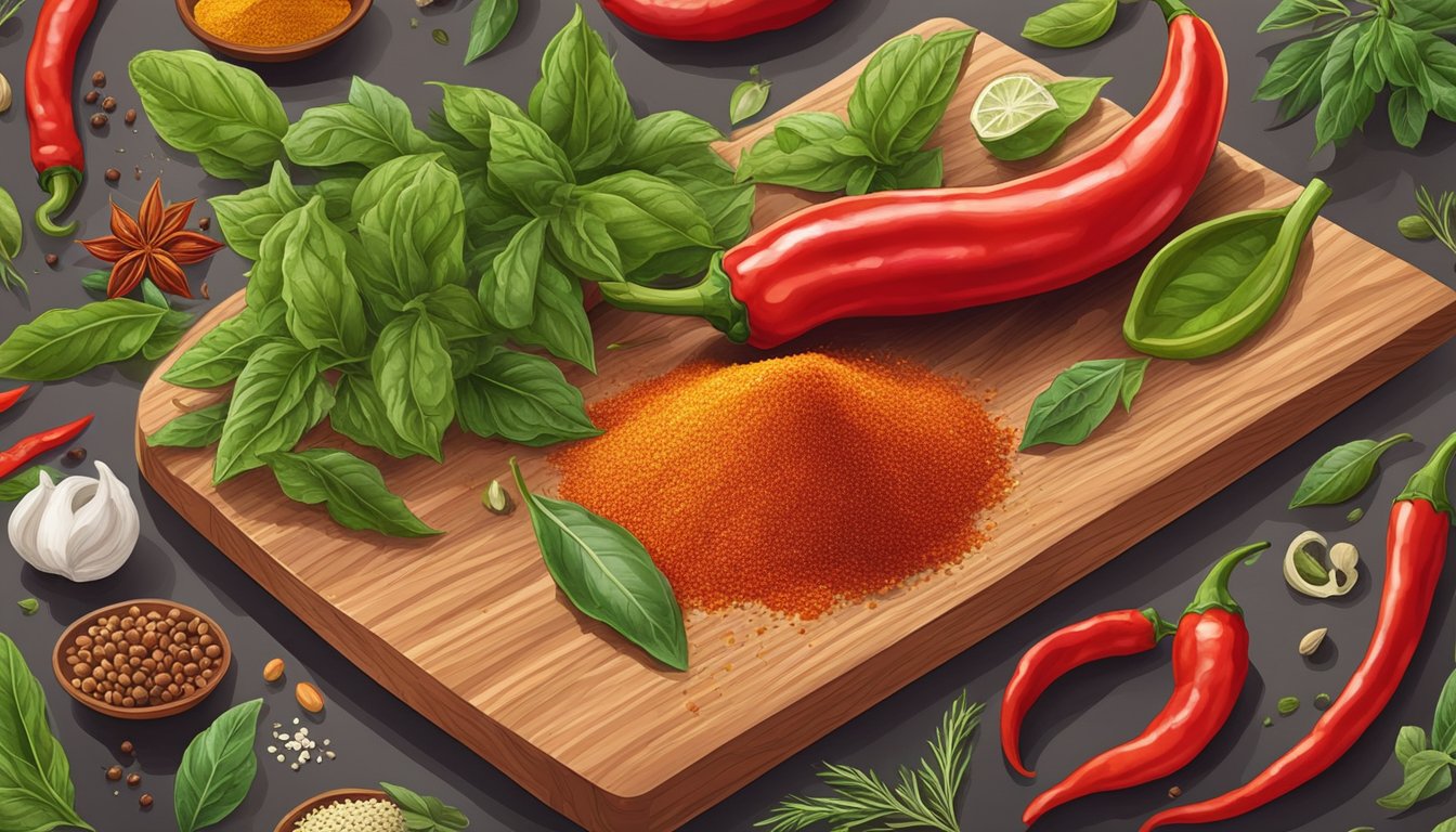 A vibrant red cayenne pepper sits on a clean cutting board, surrounded by other fresh spices and herbs