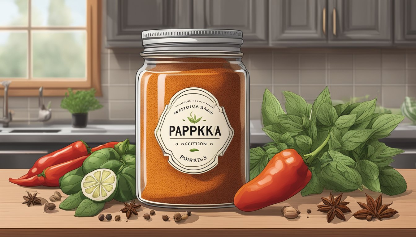 A jar of paprika sits on a kitchen counter, surrounded by various spices and herbs. The label on the jar is faded, indicating it has been there for some time