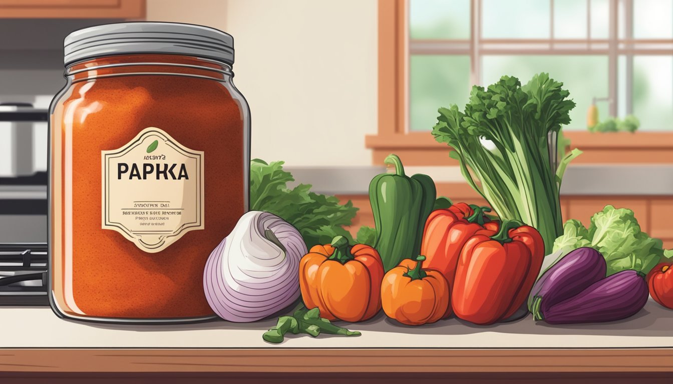 A jar of paprika sits on a kitchen counter next to a pile of fresh vegetables, with a faint aroma of spice in the air