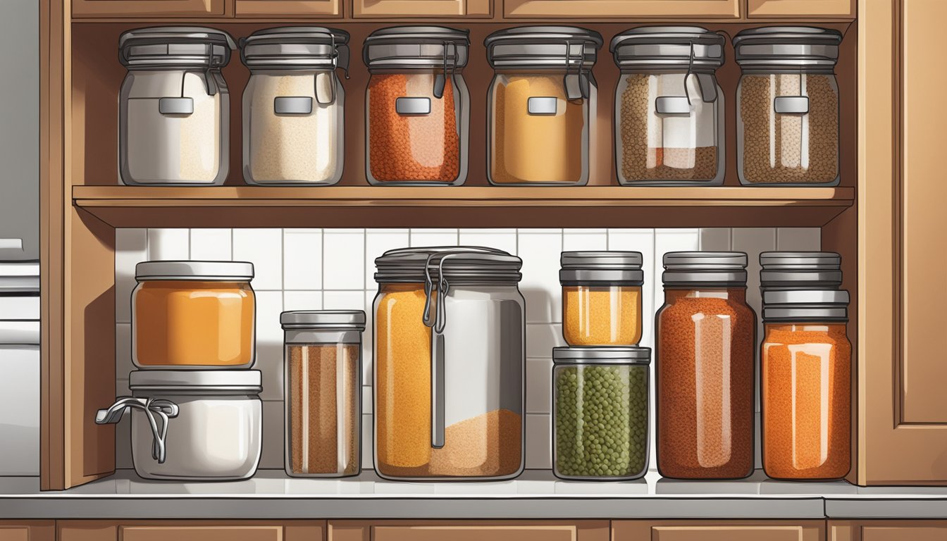 A jar of paprika sits on a clean, organized spice rack in a well-lit kitchen