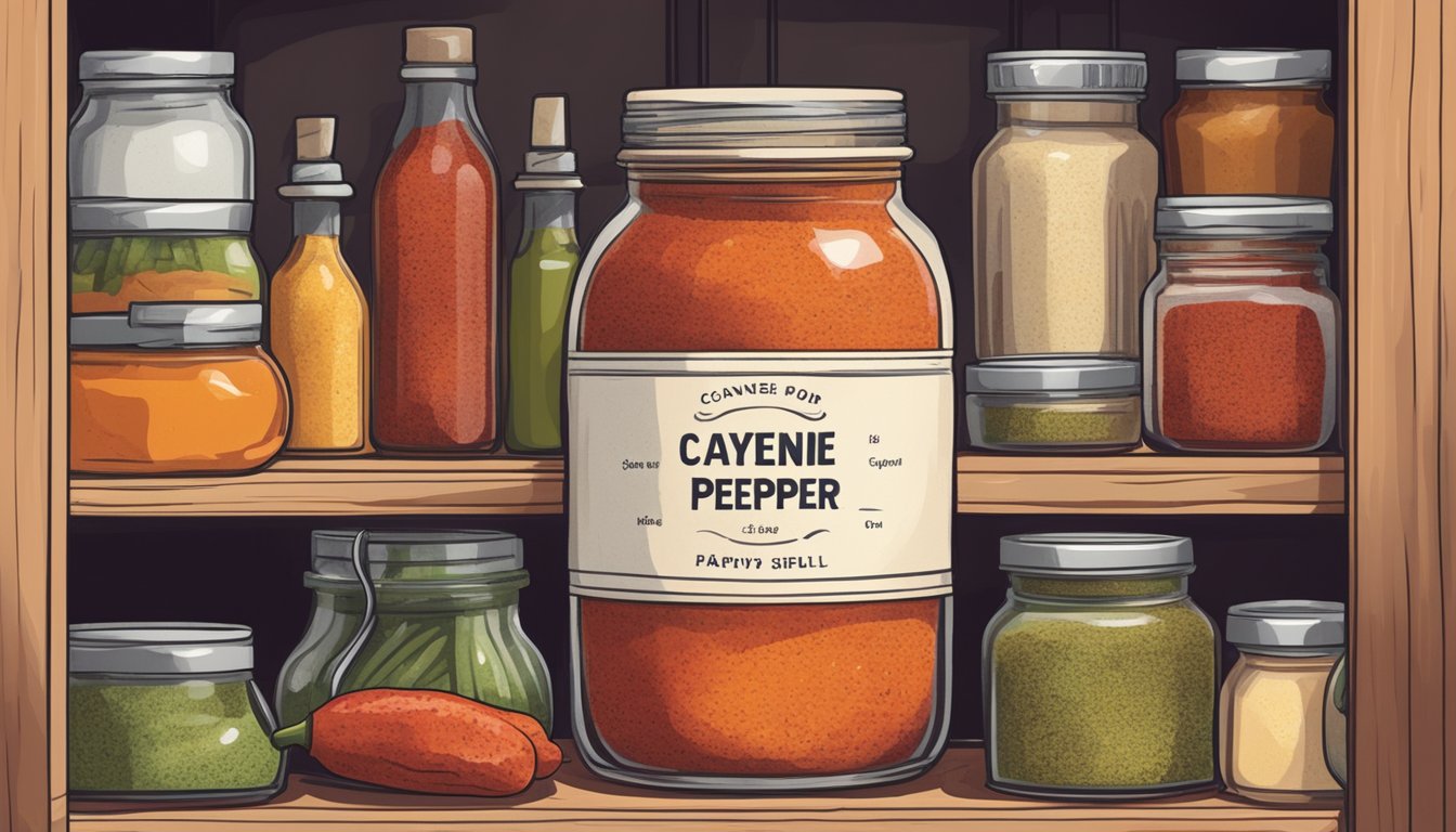 A jar of cayenne pepper sits on a kitchen shelf, surrounded by various spices and condiments. The label on the jar is slightly faded, indicating its age