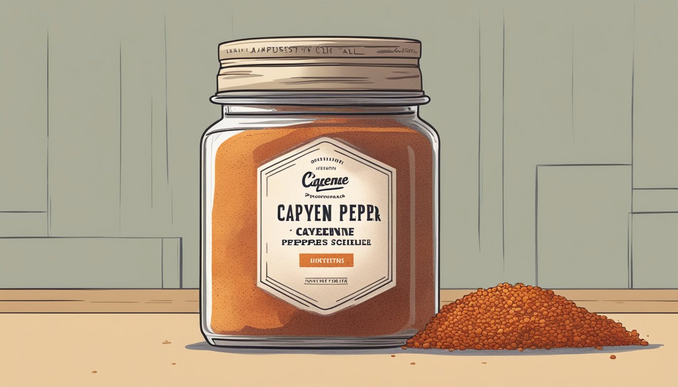 A half-empty jar of cayenne pepper sits on a dusty shelf, its label fading and the contents clumped and discolored