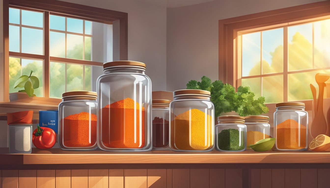 A jar of paprika sits on a kitchen shelf, next to other spices. Sunlight streams through the window, casting a warm glow on the colorful labels