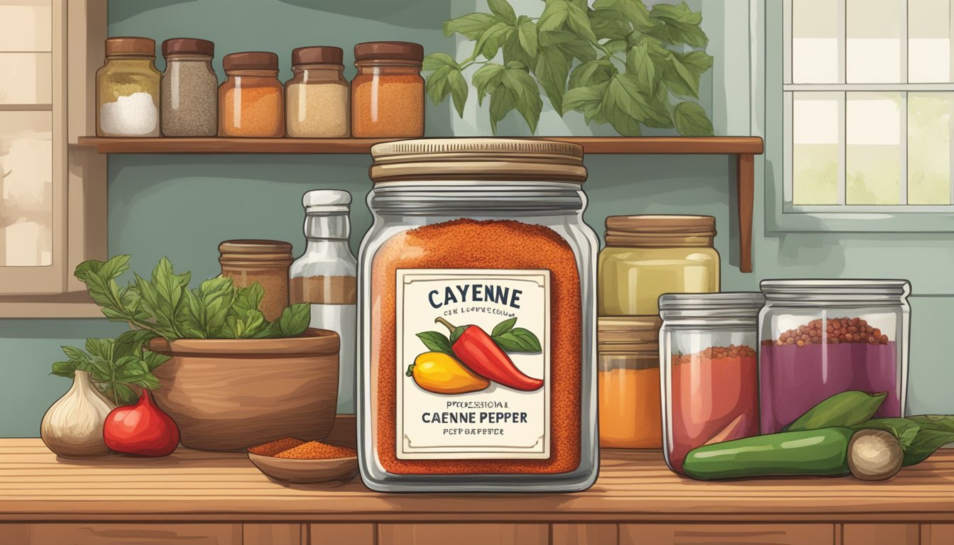 A jar of cayenne pepper sits on a kitchen shelf, surrounded by other spices and ingredients. The label is faded, but the contents still appear vibrant and aromatic