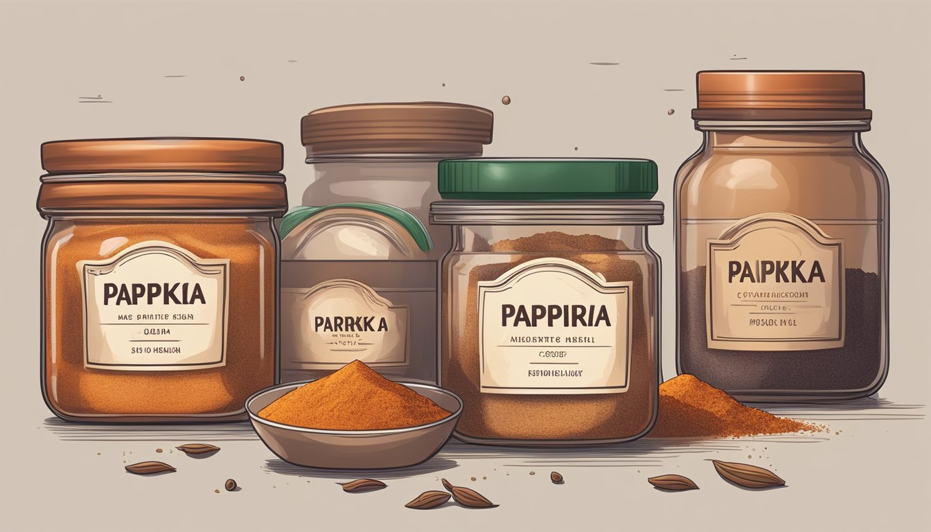 A jar of paprika sits on a cluttered spice shelf, with a faded label and a loose lid. Dust settles on the container, hinting at its age