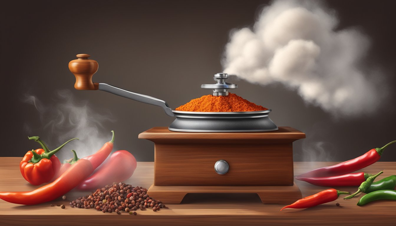 A wooden spice grinder releasing a cloud of cayenne pepper over a steaming pot of chili