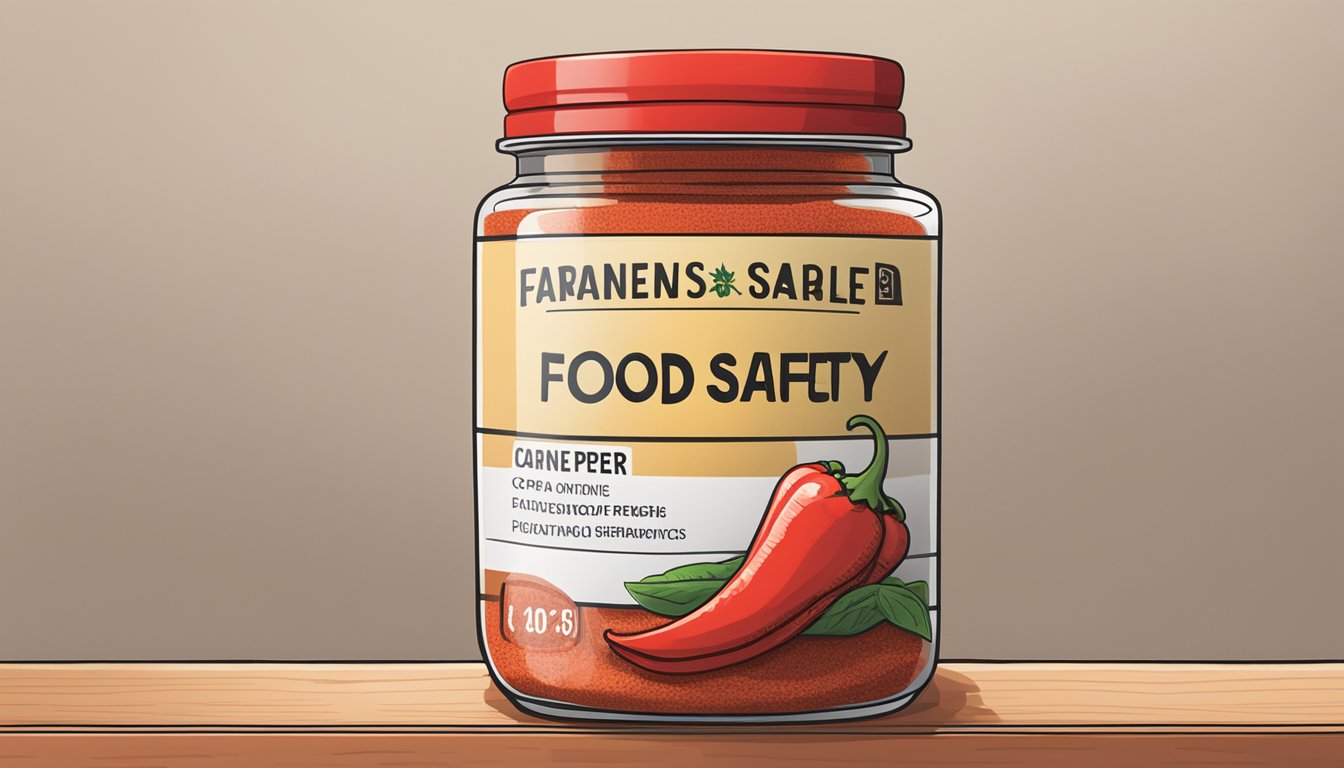 A jar of cayenne pepper sits on a shelf with a label that reads "Food Safety." The vibrant red powder inside appears fresh and aromatic