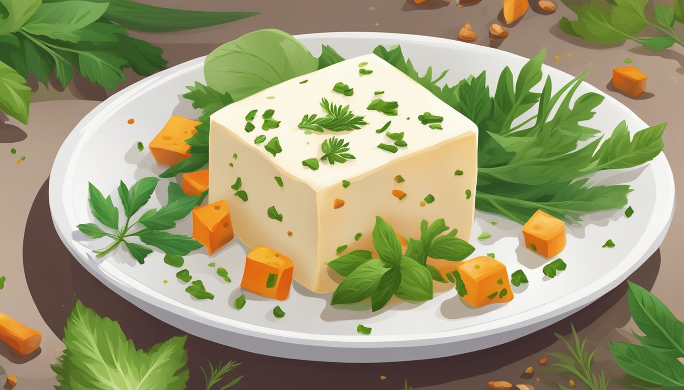 A block of paneer sits on a clean, white plate, surrounded by vibrant green herbs and colorful spices. The paneer appears firm and fresh, with no signs of spoilage