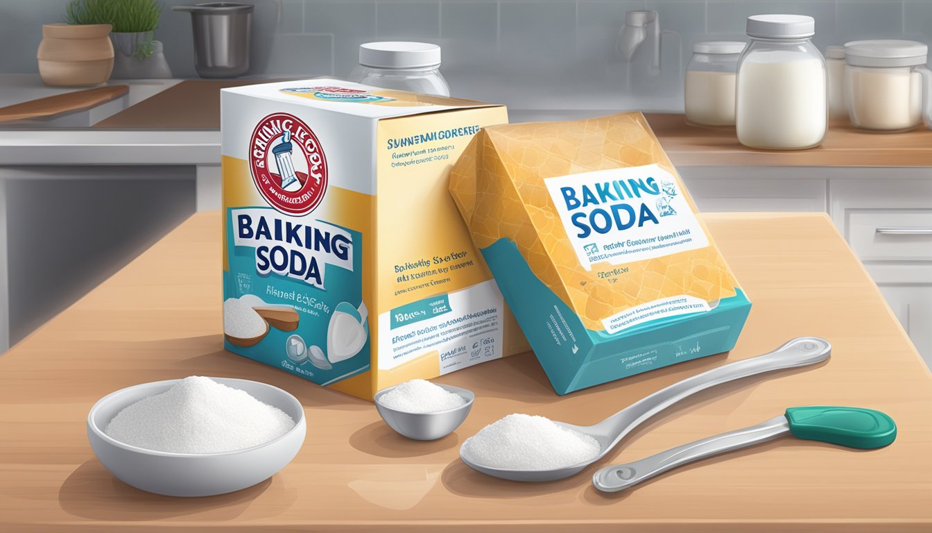 A box of baking soda sits on a clean kitchen counter, next to a measuring spoon and a recipe book