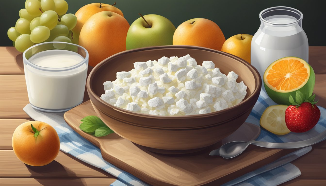 A bowl of cottage cheese sits on a wooden table, surrounded by various fruits and a container of milk. The cottage cheese appears creamy and fresh, with no signs of spoilage