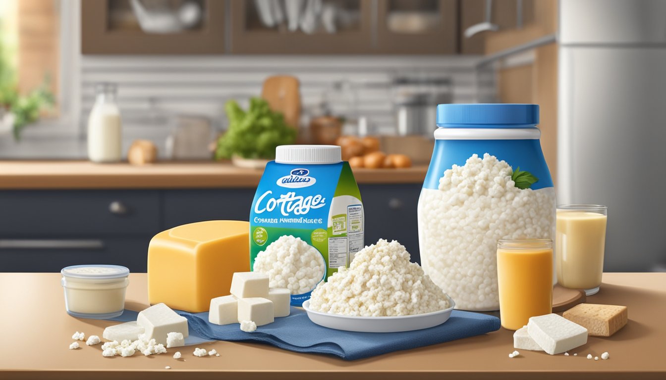 A container of cottage cheese sits on a kitchen counter, surrounded by a variety of dairy products and a calendar with a circled expiration date