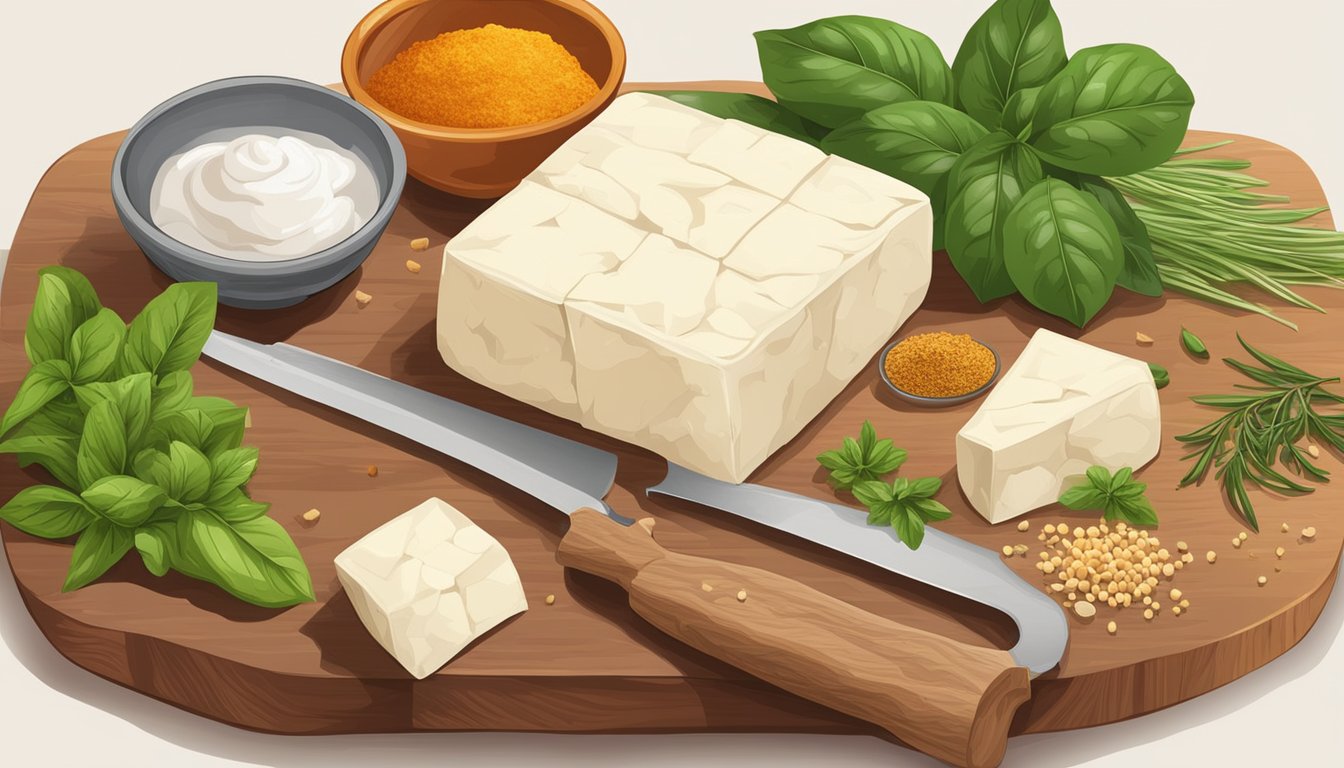 Fresh paneer on a cutting board surrounded by spices and herbs, with a chef's knife ready to be used in culinary practices