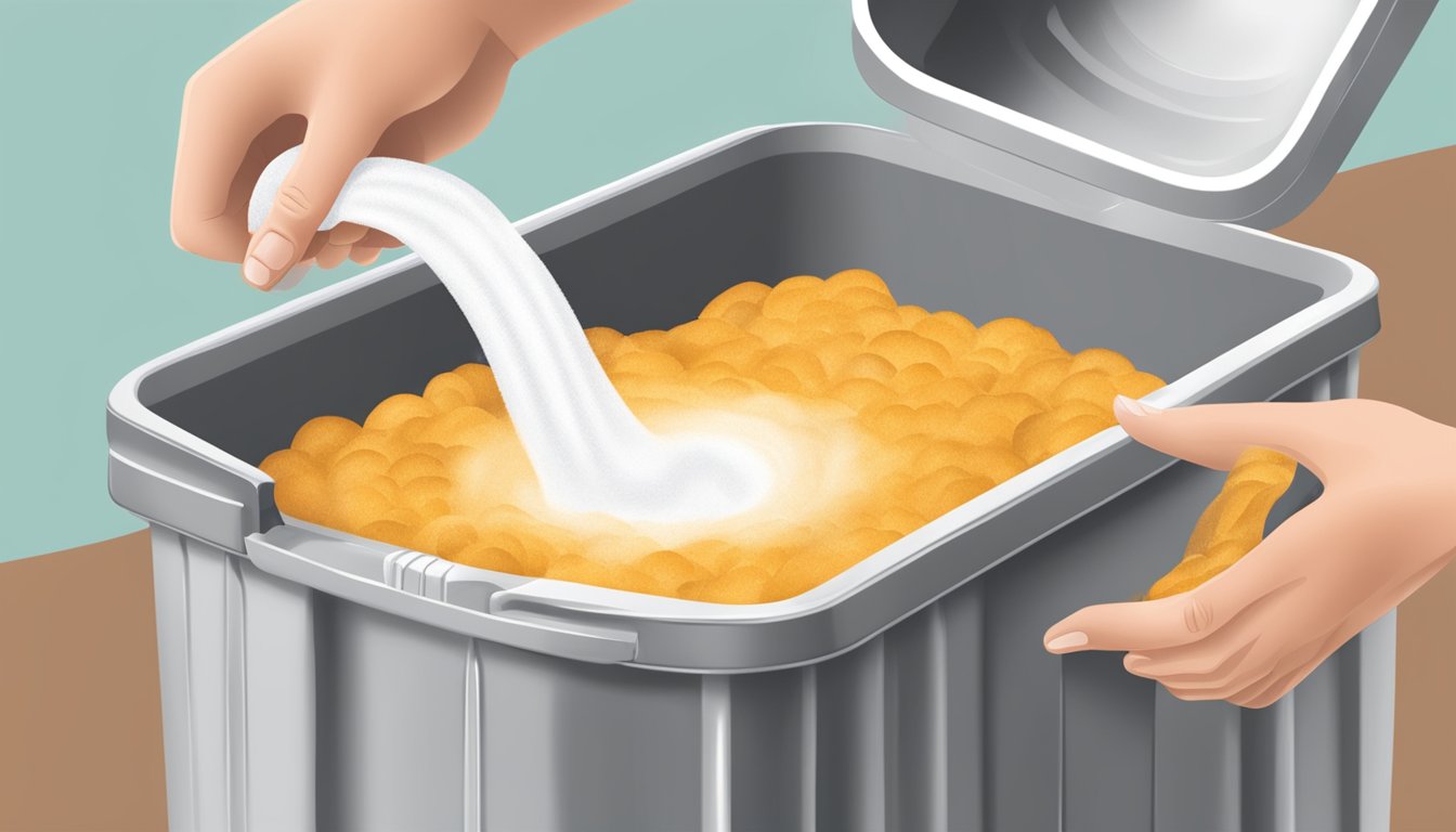 A hand pouring expired baking soda from a box into a trash can