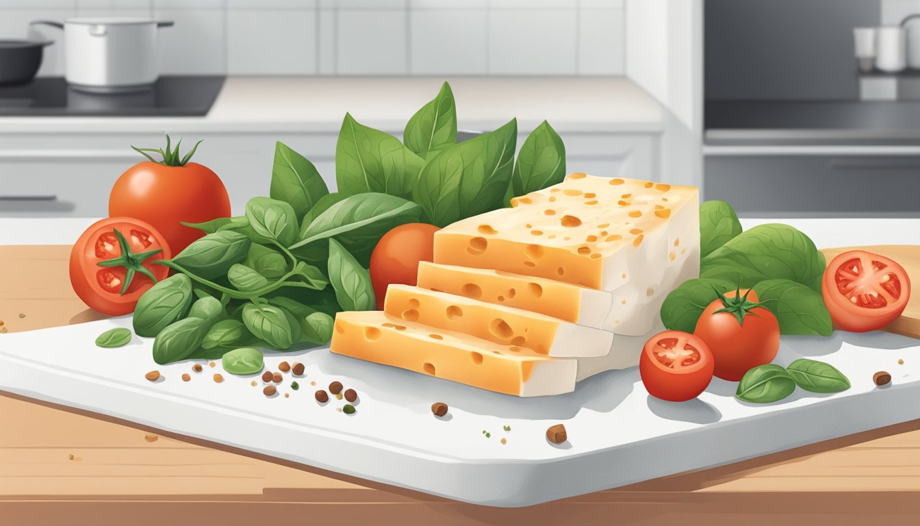 A block of paneer sits on a clean, white cutting board surrounded by fresh ingredients like tomatoes, spinach, and spices