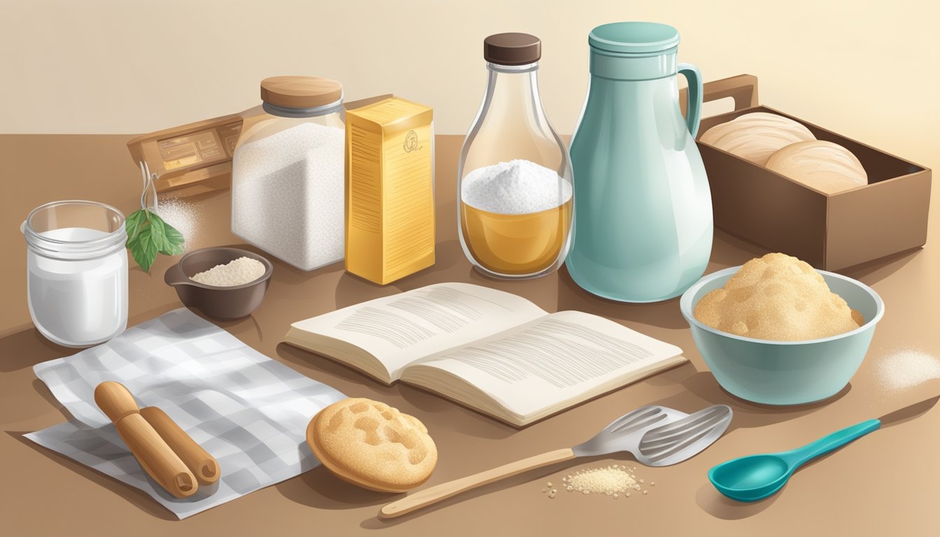 A kitchen counter with various baking ingredients and utensils, including a box of baking soda and a recipe book open to a page on baking with baking soda