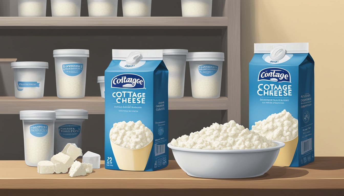 A carton of cottage cheese sits on a shelf with a visible expiration date. Nearby, a few containers of the cheese have begun to mold