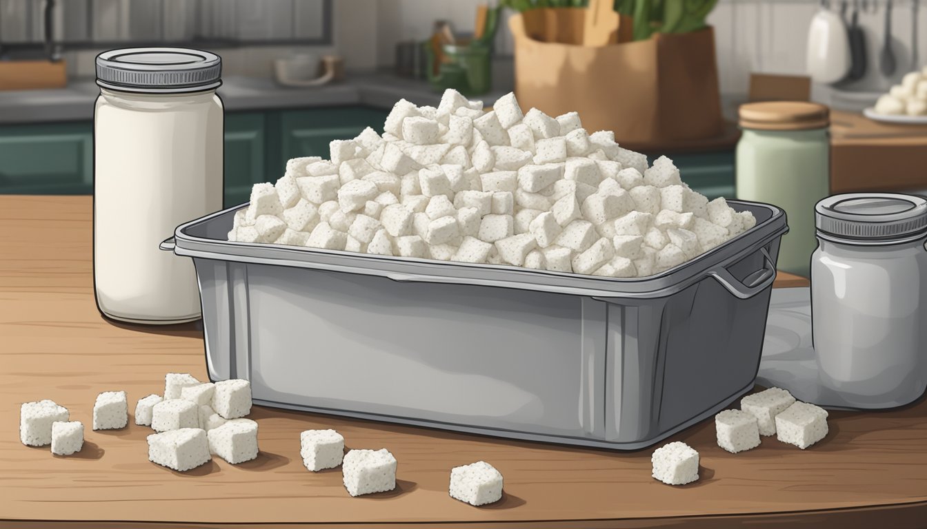 A container of cottage cheese sits on a kitchen counter, surrounded by various expiration dates and a question mark