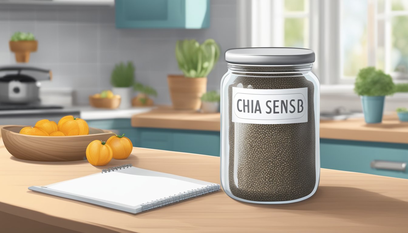 A clear glass jar of chia seeds, unopened, sitting on a kitchen counter next to a calendar with the current date circled