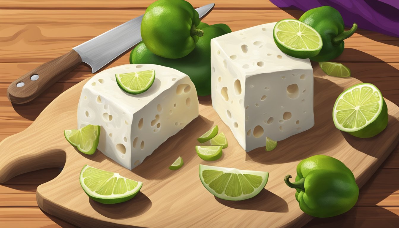 A block of queso blanco sits on a wooden cutting board, surrounded by colorful peppers and a wedge of lime