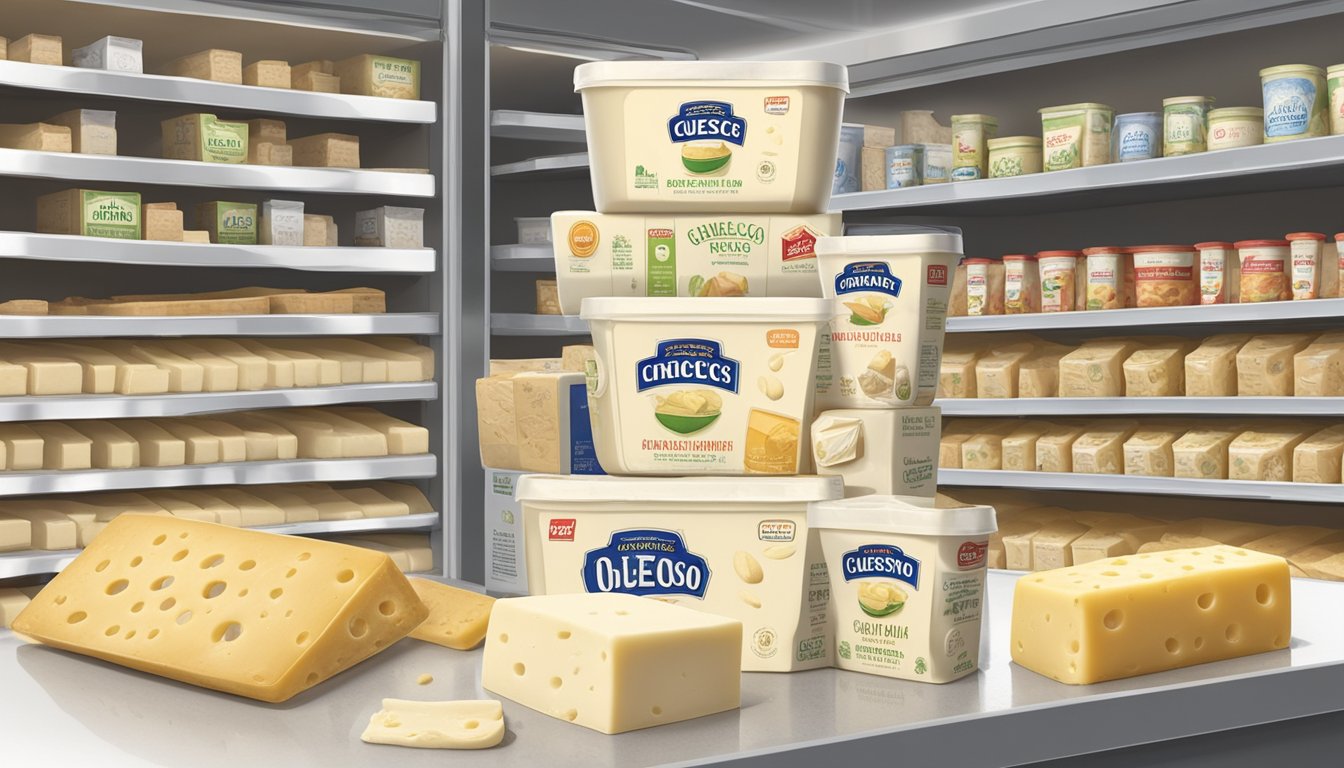 A block of queso blanco sits on a shelf, surrounded by various other dairy products. The packaging is slightly torn, and there are small spots of mold beginning to form on the surface