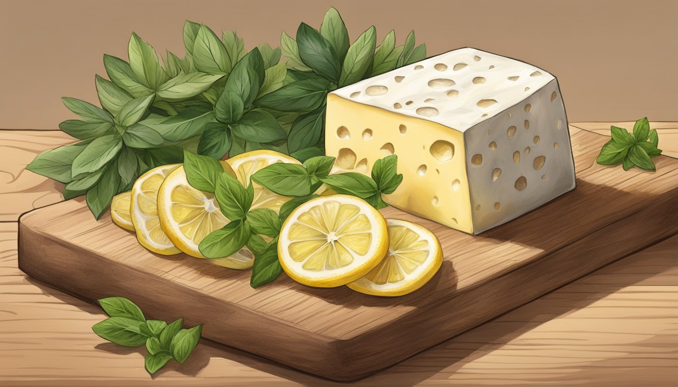 A block of halloumi cheese sits on a wooden cutting board, surrounded by fresh herbs and a sliced lemon. The cheese is firm and golden in color, with a slightly salty aroma