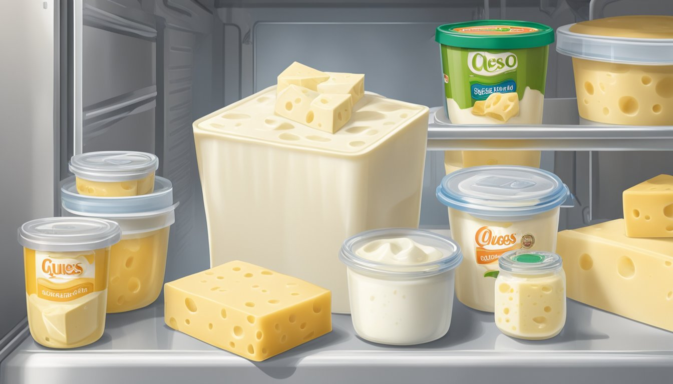 A block of queso blanco sits in a clean, airtight container in the refrigerator, surrounded by other dairy products