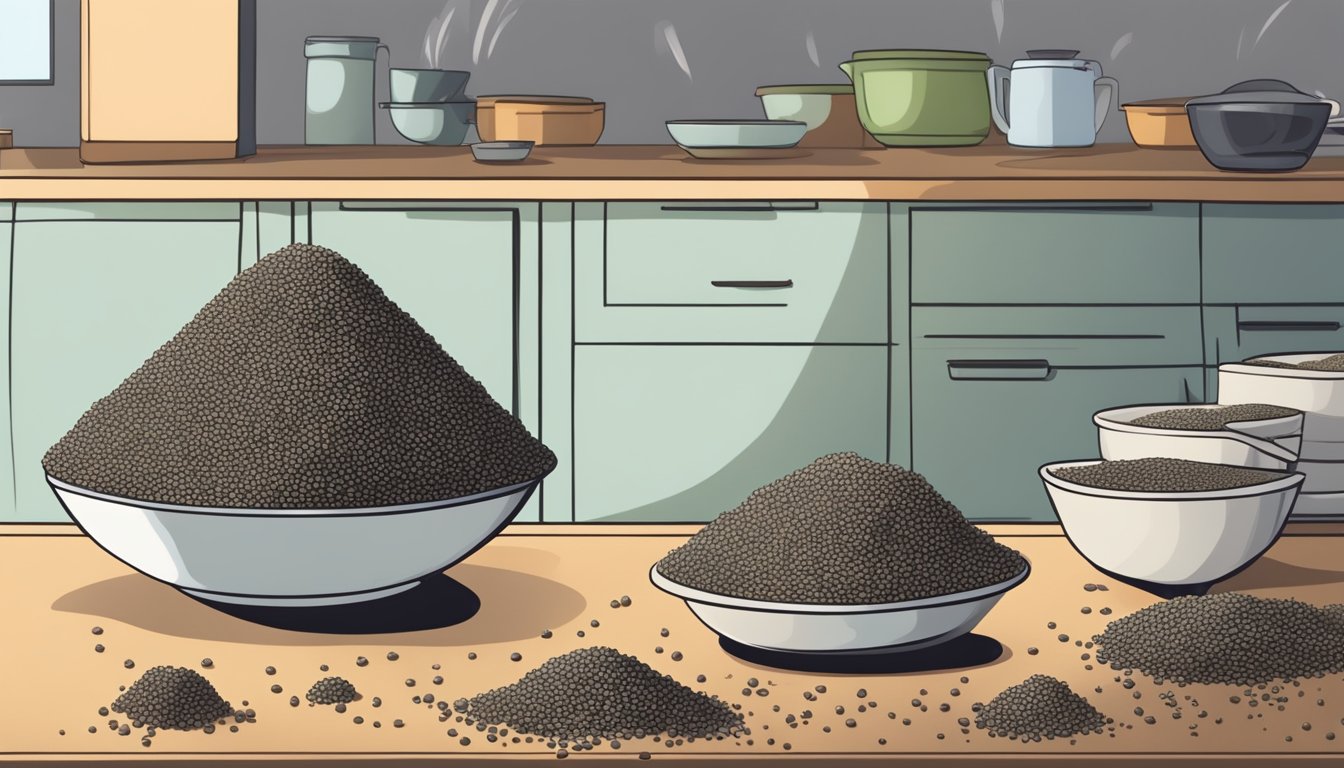 A pile of chia seeds scattered on a kitchen counter, some moldy and discolored, while others appear fresh and dry