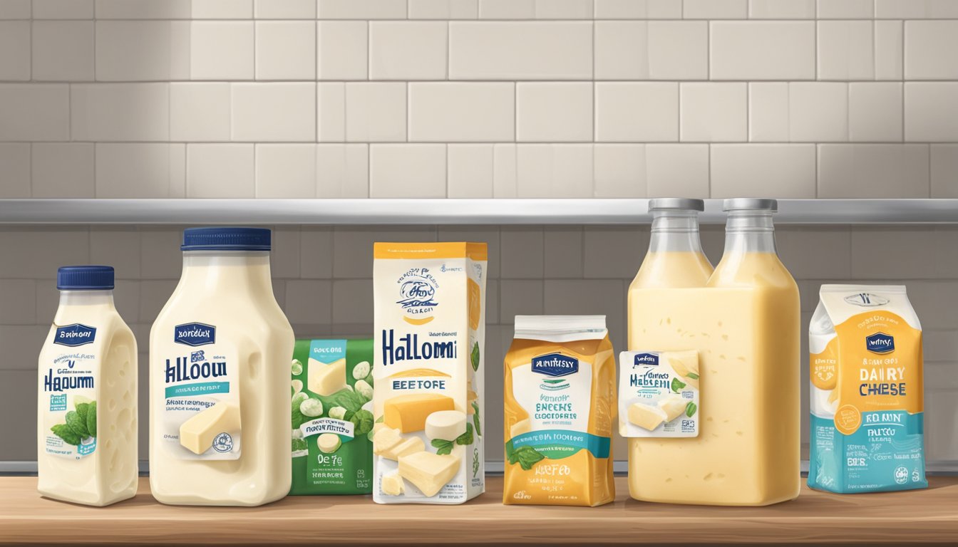 A block of halloumi cheese sits on a kitchen shelf next to other dairy products, with a "best before" date clearly visible on the packaging