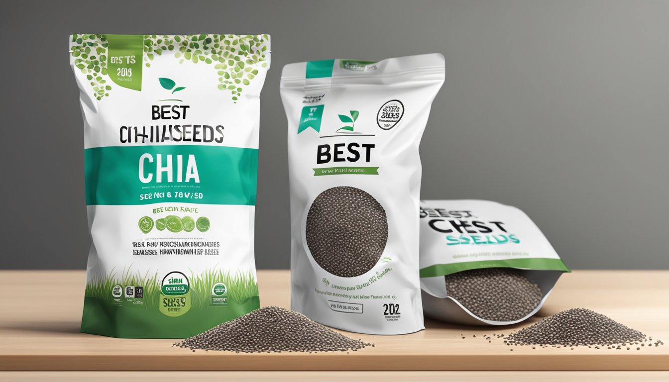 A bag of chia seeds sits on a kitchen counter, with a "best by" date visible on the packaging. A few seeds have spilled out onto the counter