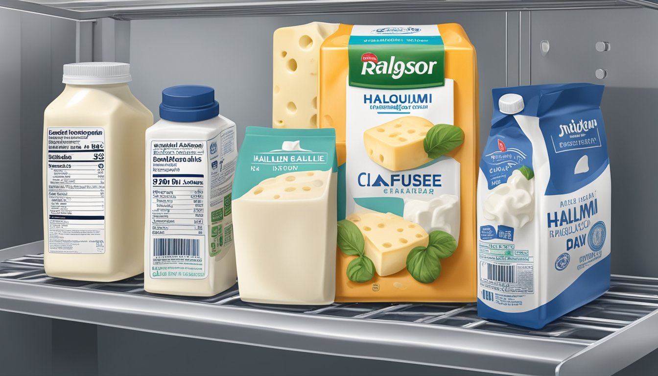 A block of halloumi sits on a shelf in a refrigerator, surrounded by other dairy products. The expiration date on the packaging is visible