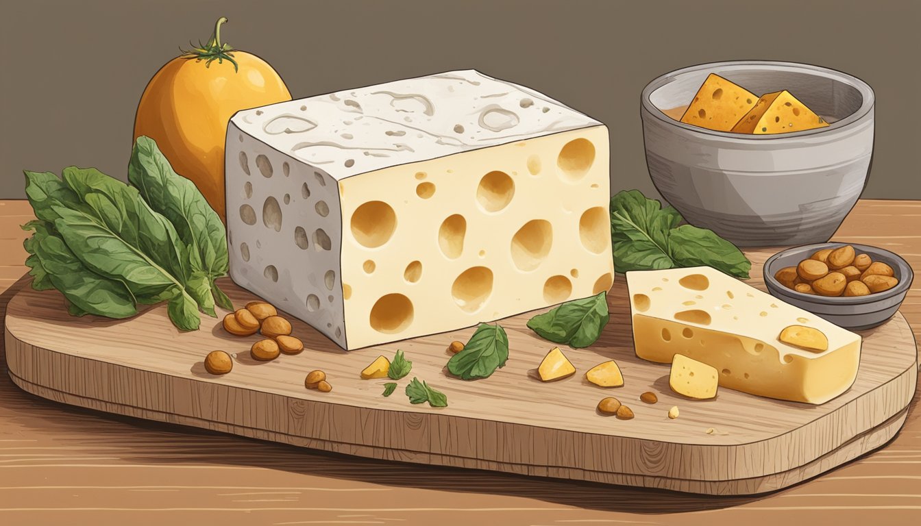 A block of halloumi cheese sits on a cutting board, surrounded by various food items. Its edges are starting to show signs of mold and discoloration