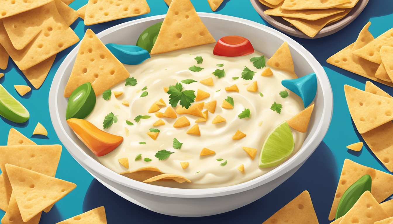 A bowl of queso blanco sits on a table, surrounded by colorful tortilla chips. The creamy cheese appears fresh and inviting, with no signs of spoilage