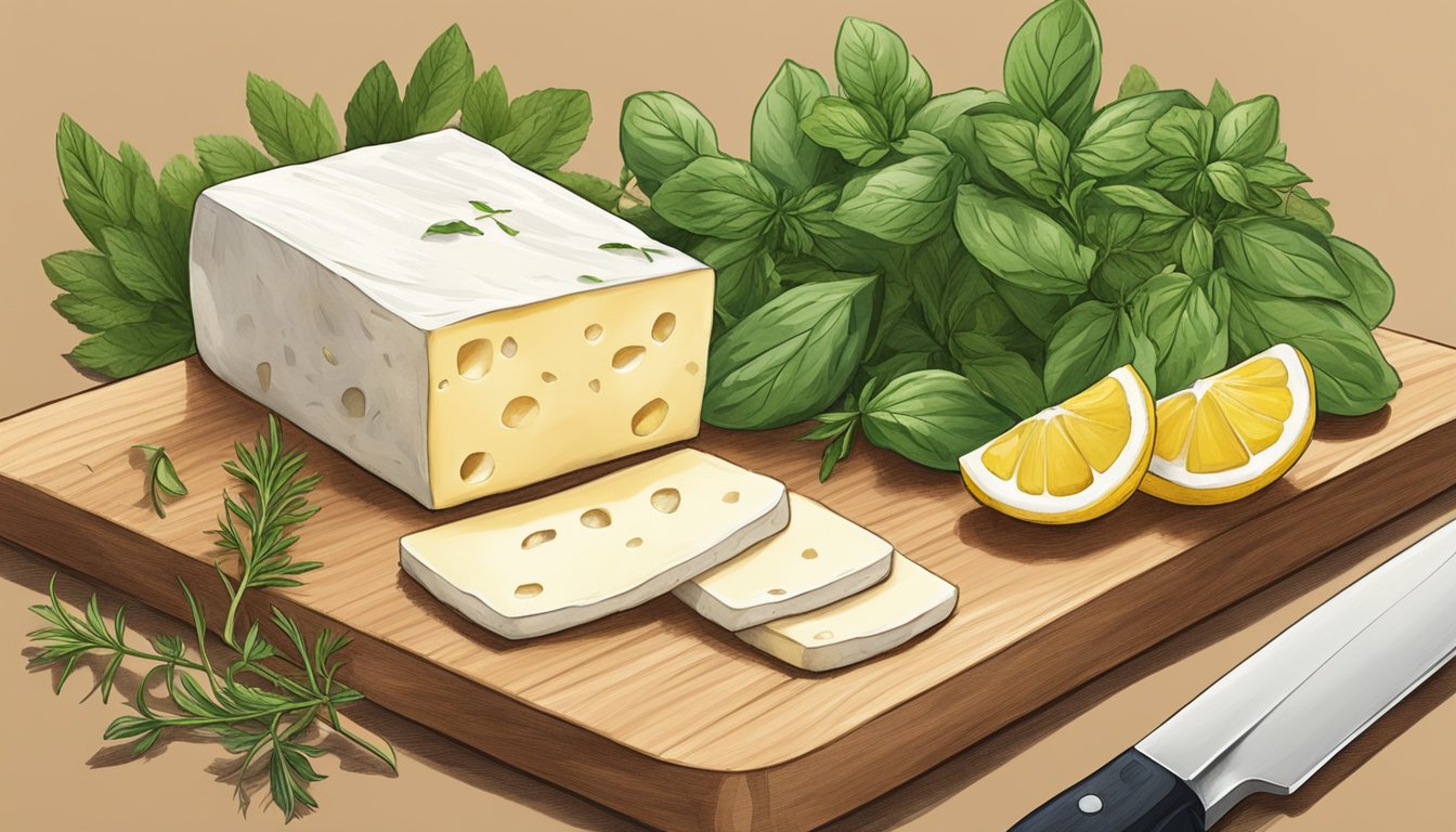 A block of halloumi cheese sits on a clean cutting board, surrounded by fresh herbs, a lemon, and a sharp knife