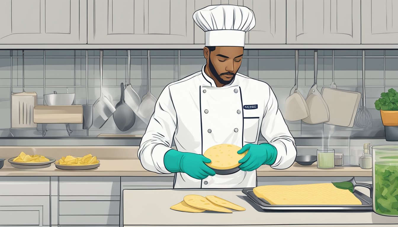 A person wearing gloves prepares queso blanco in a clean kitchen, following safety guidelines