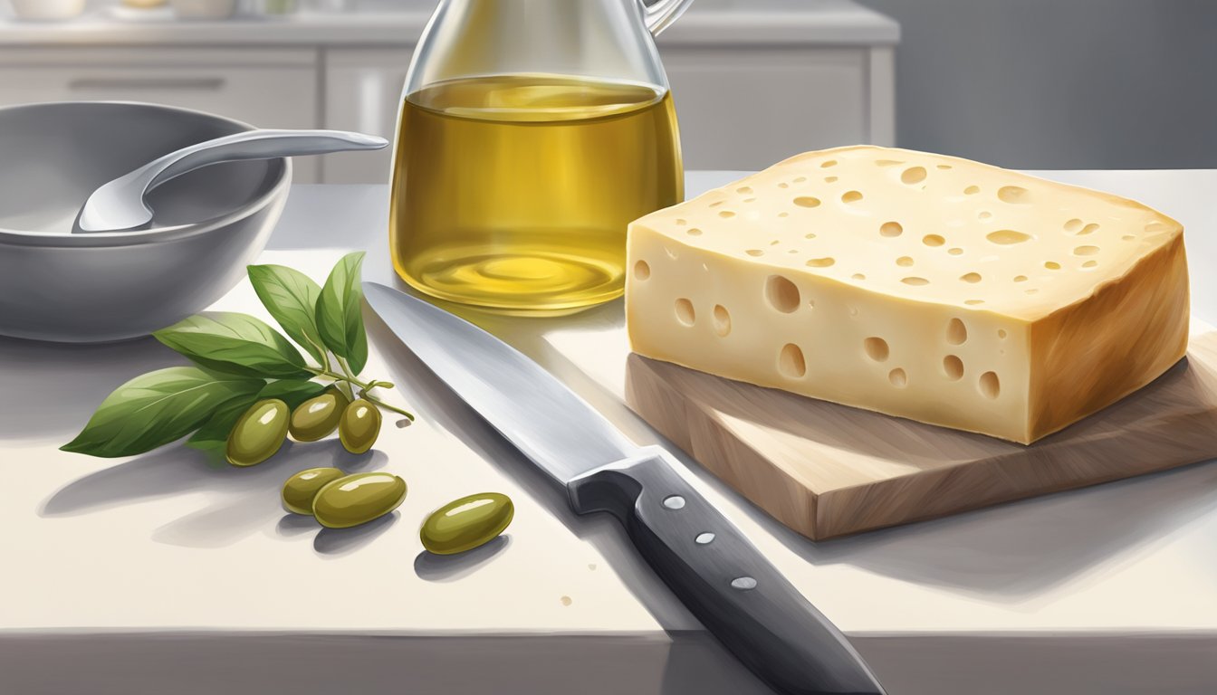 A block of halloumi cheese sits on a clean, white cutting board with a "best before" date clearly visible. A knife and a small dish of olive oil are nearby