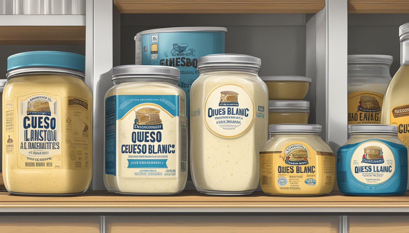 A jar of queso blanco sits on a shelf, surrounded by other refrigerated items. The expiration date is visible on the label