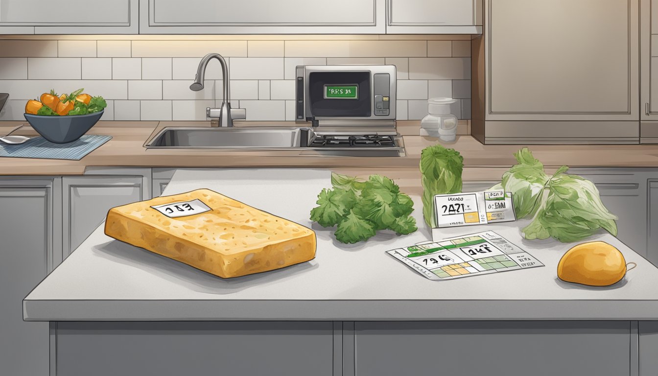 A block of halloumi sits on a kitchen counter, surrounded by various expiration date labels and a calendar