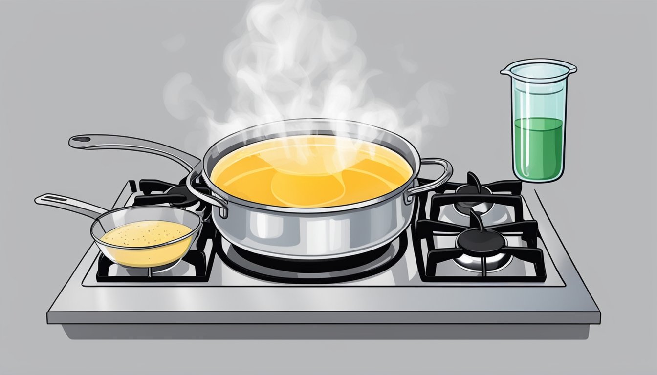 A pot of chicken broth sits on a stove, steam rising from the surface. A thermometer hovers above, measuring the temperature for food safety