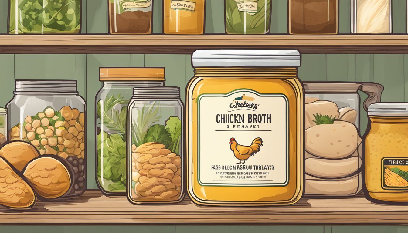 A jar of chicken broth sits on a shelf, surrounded by other pantry items. The label indicates a long shelf life