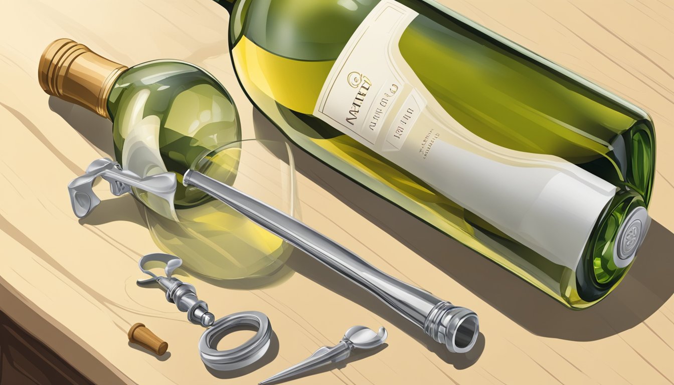 An opened bottle of white wine sits on a table, with a half-filled glass beside it. The bottle is surrounded by a corkscrew, a wine stopper, and a wine opener