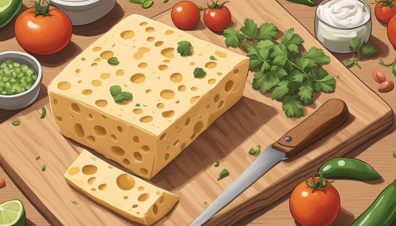 A block of queso panela sits on a wooden cutting board, surrounded by fresh ingredients like tomatoes, cilantro, and jalapeños. A knife is poised to slice into the cheese