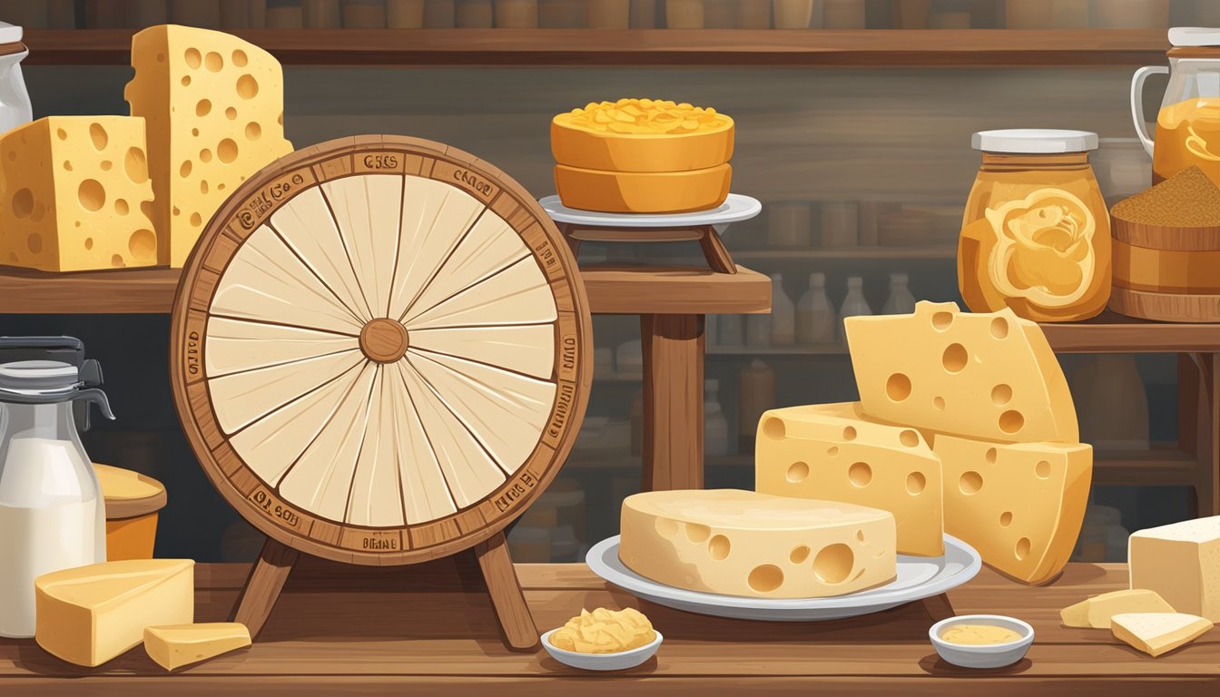 A wheel of queso panela sits on a wooden shelf, surrounded by other dairy products. Some are fresh, while others show signs of spoilage