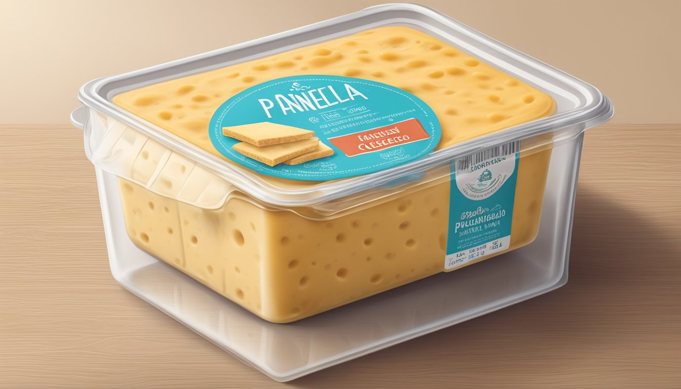 A block of queso panela is placed in a sealed container in the refrigerator, with a label indicating the date of purchase