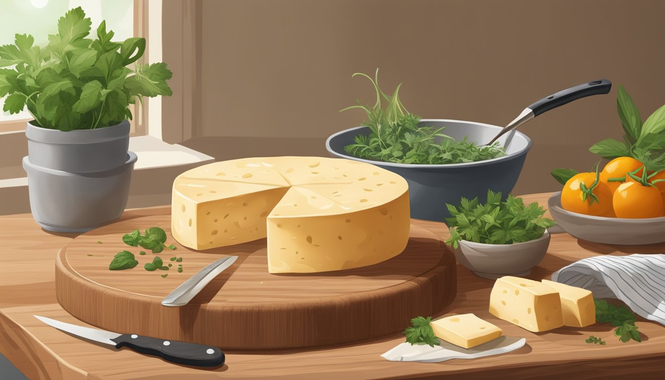 A wheel of queso panela sits on a clean cutting board, surrounded by fresh herbs and a knife. The kitchen is well-lit and organized